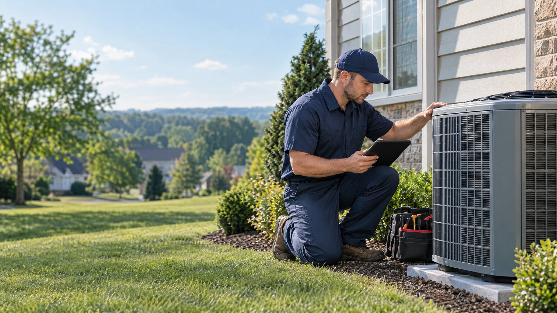 HVAC technician inspecting a residential air conditioning condenser