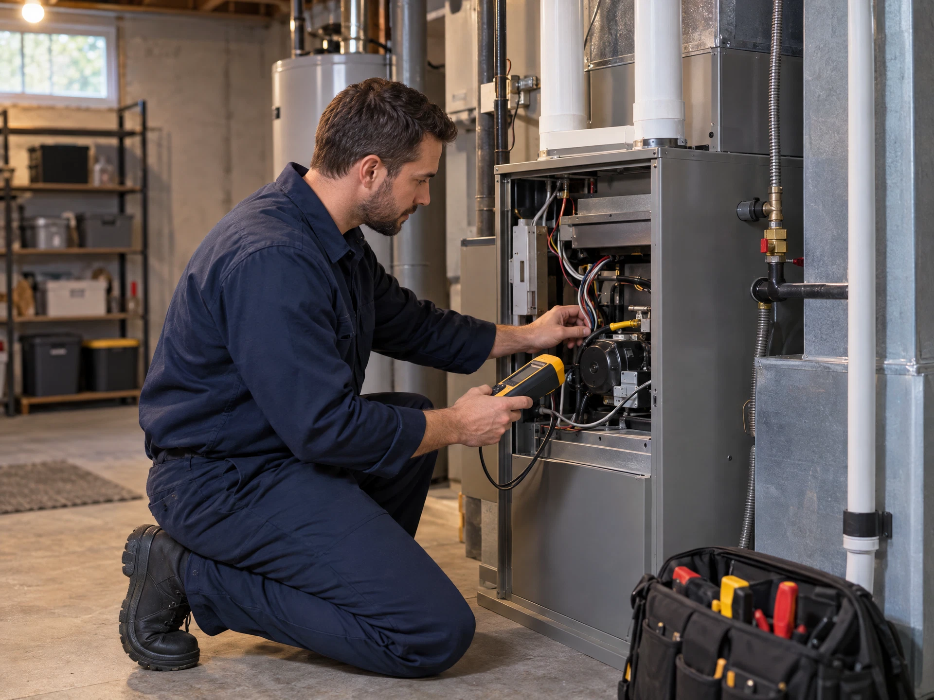 Residential furnace system being inspected for heating service