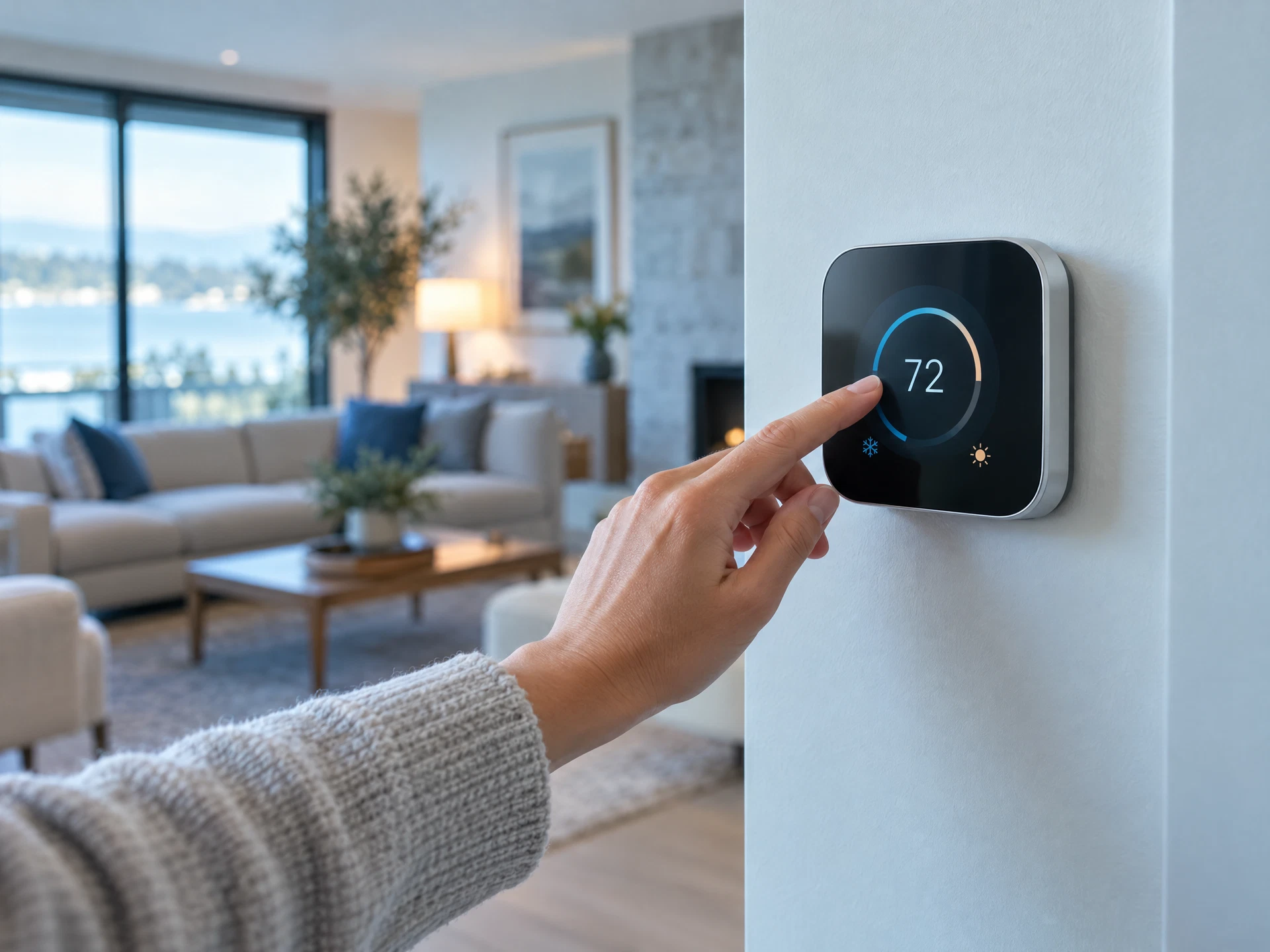Modern thermostat being adjusted in a comfortable home interior